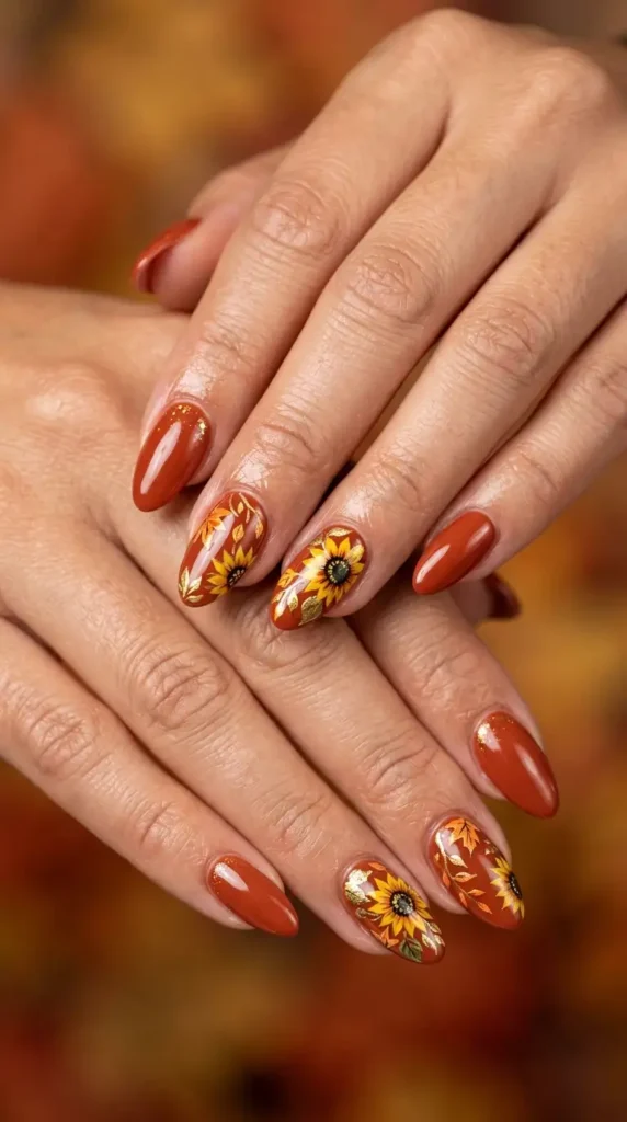Cinnamon Red Nails with Leaf Details