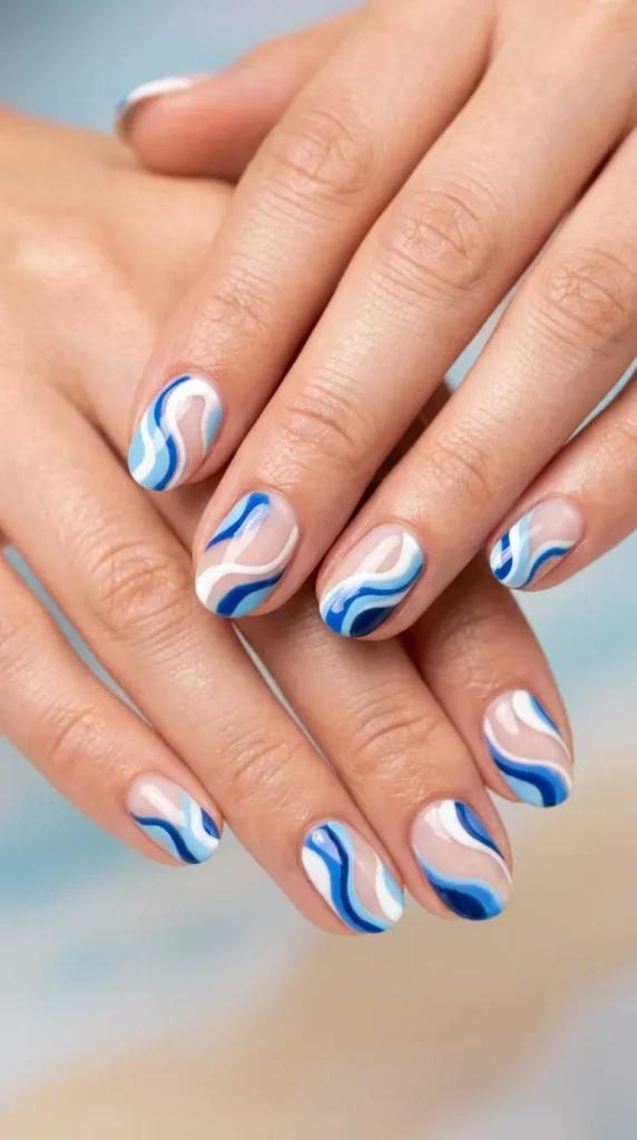 Coastal abstract swirl manicure