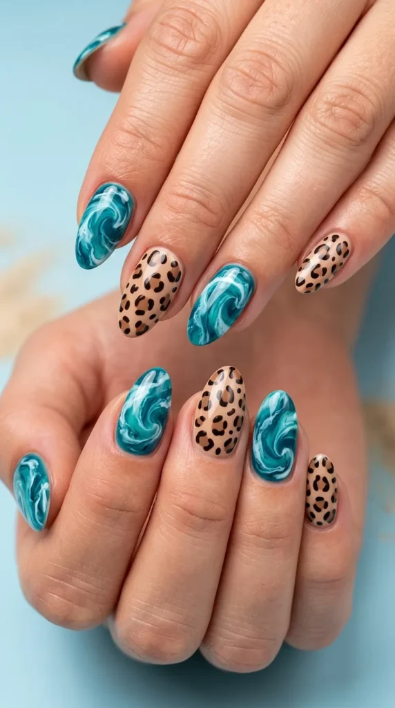 Coastal Leopard Wave Nails