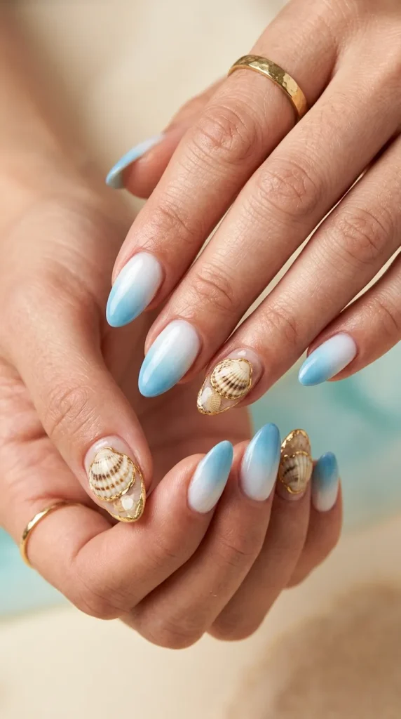 Coastal shell embellishment nails