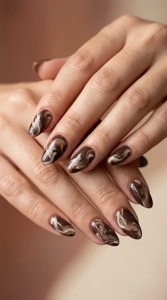 Cocoa Brown & Cream Swirl Nails