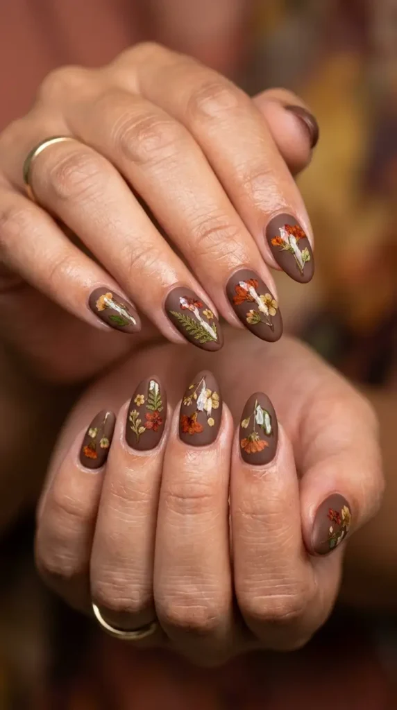 Cocoa Brown Matte Nails with Pressed Flowers