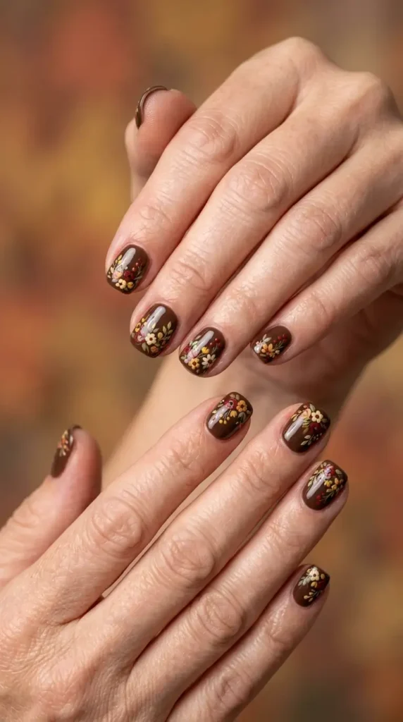 Cocoa Brown Micro Floral Nail Design