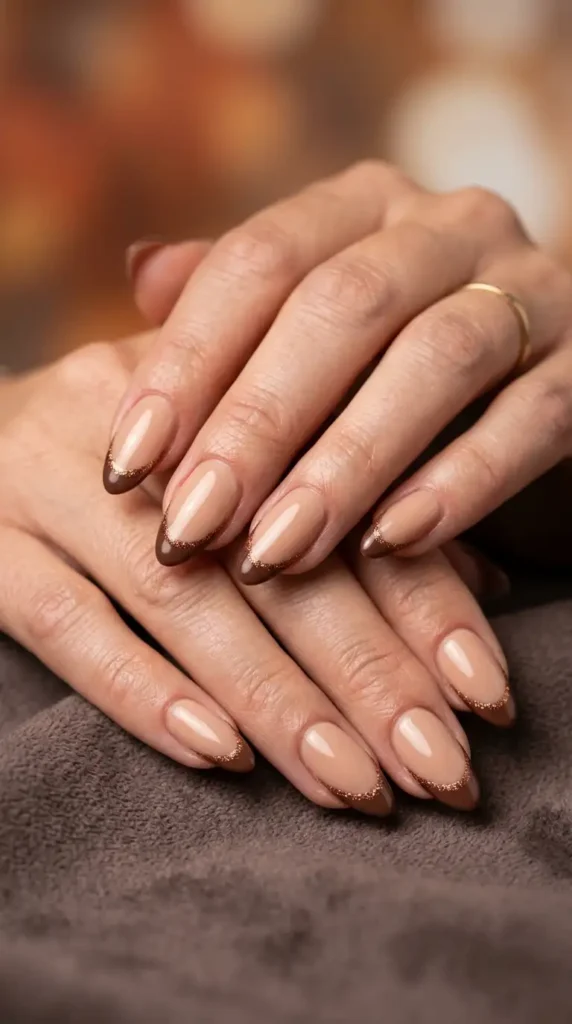 Cocoa French Tips with Glitter Outline