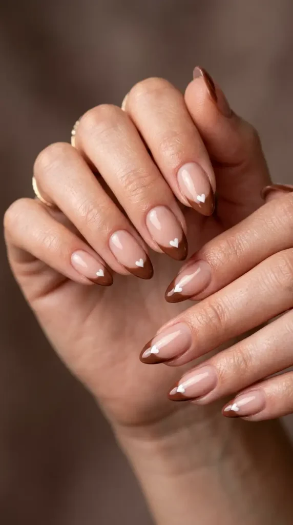 Cocoa French Tips with Tiny Hearts