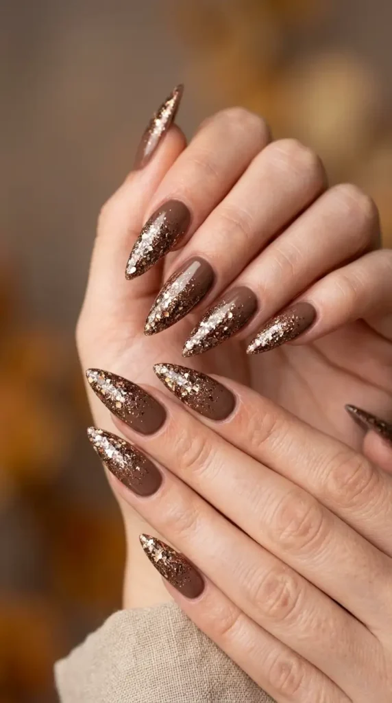 Cocoa Glitter Ombre Stiletto Nails