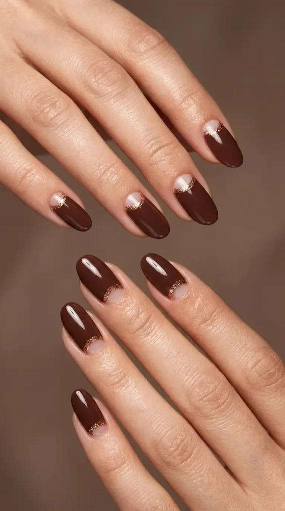 Cocoa Half Moon Nails with Glitter Cuticle Line