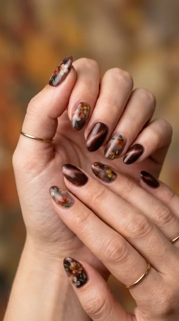 Cocoa Velvet Nails with Soft Bloom Accents