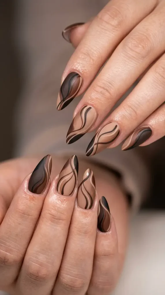 Coffee Bean Abstract Line Stiletto Nails
