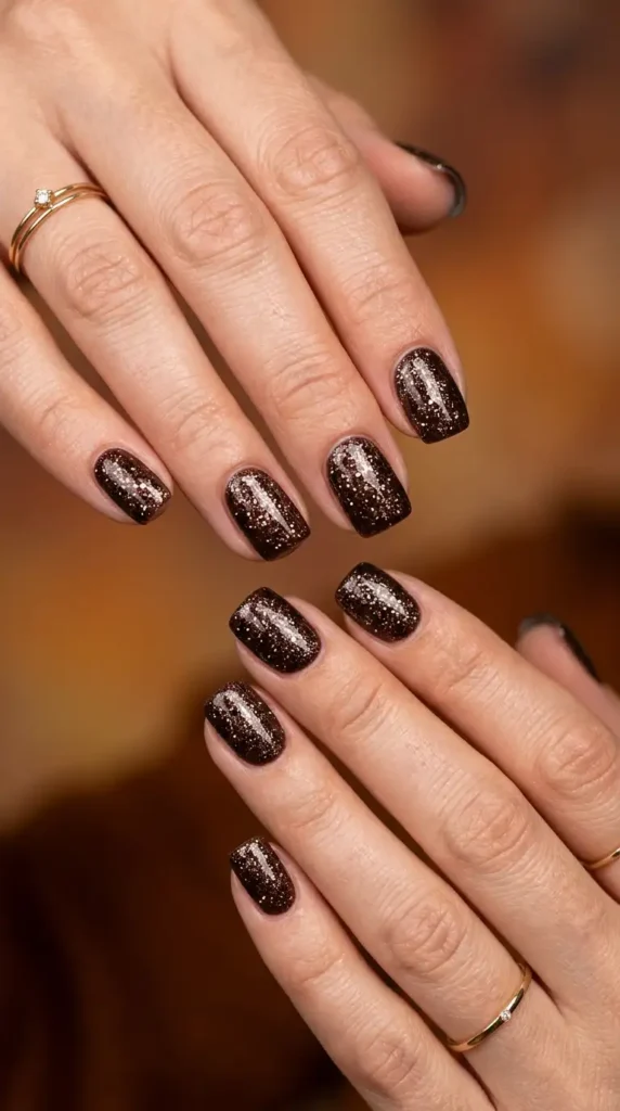 Coffee Bean Glitter Short Square Nails