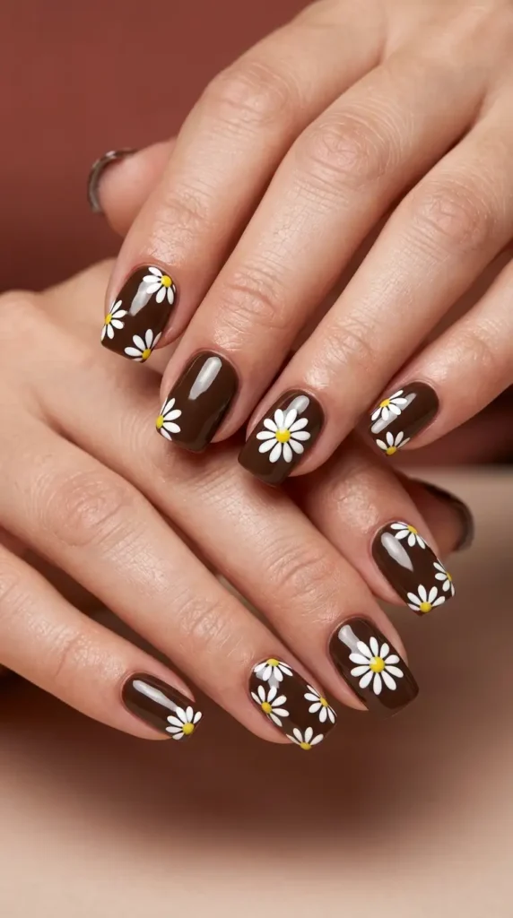 Coffee Brown Nails with White Daisy Accents
