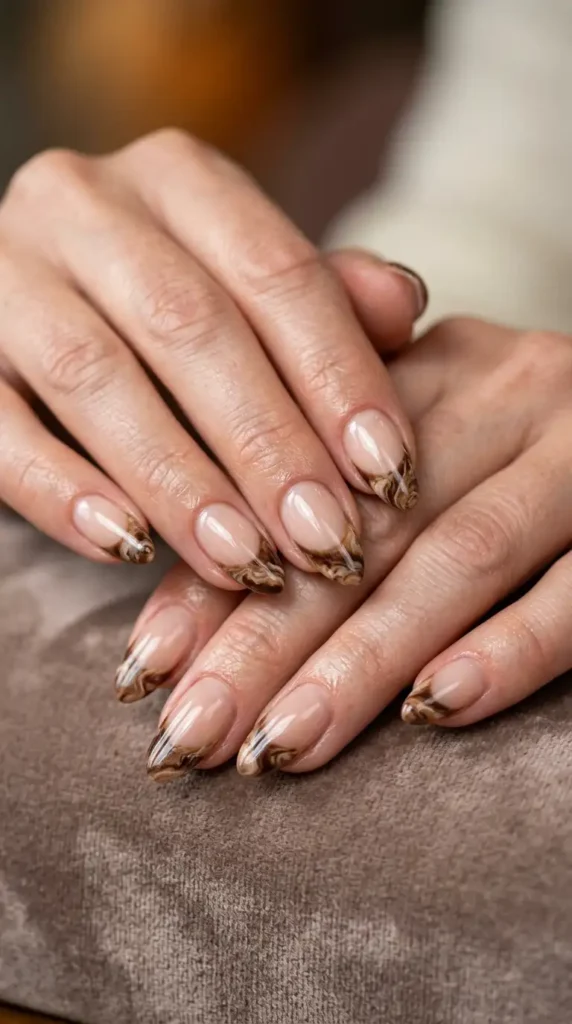 Coffee Marble French Tip Nails