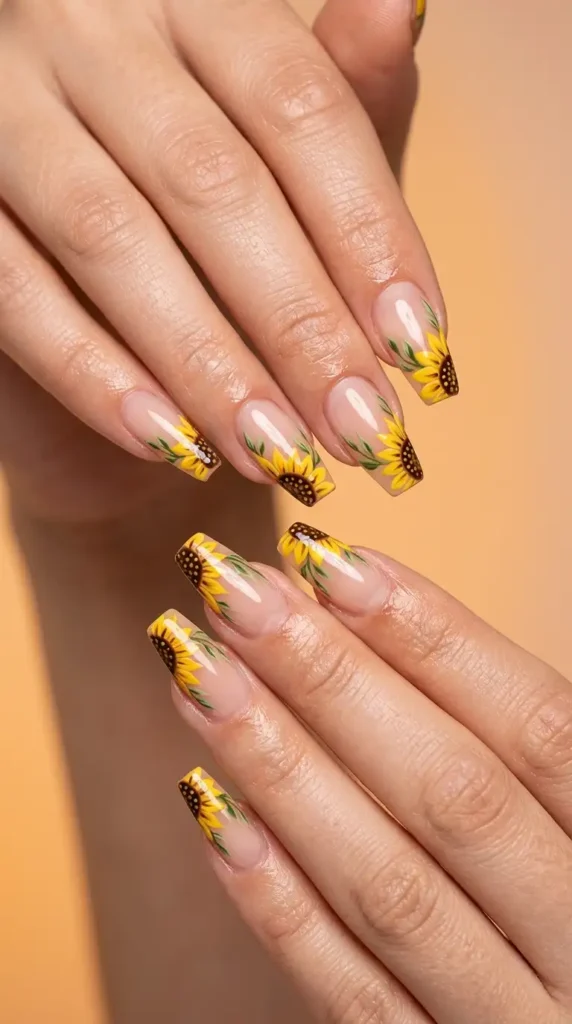 Coffin Acrylic Nails with Sunflower French Tips