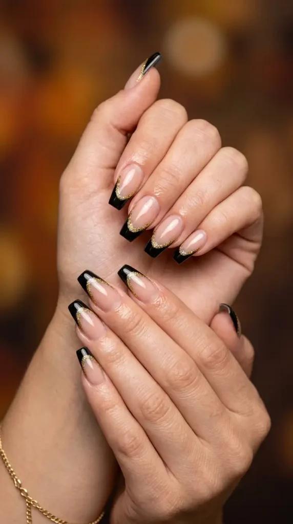 Coffin Black French Tips with Glitter Outline