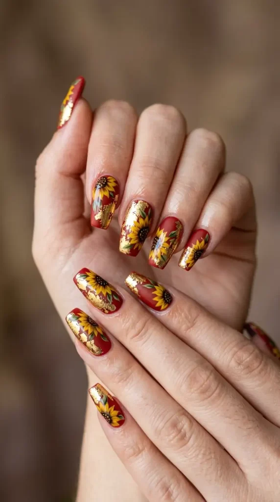 Coffin Nails with Sunflower and Gold Foil