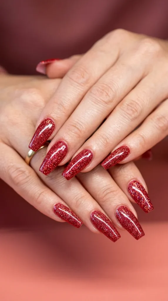 Coffin Red Glitter Nails