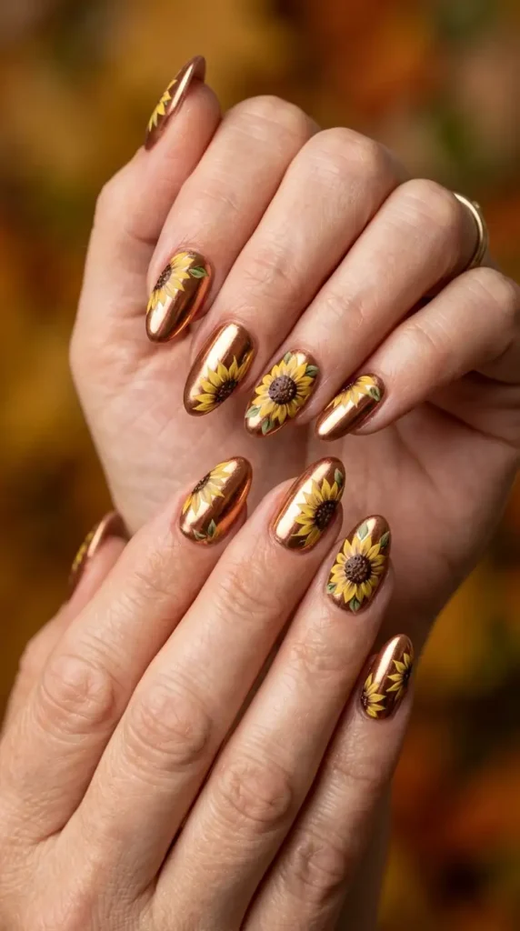 Copper Chrome Acrylic Nails with Sunflower Design