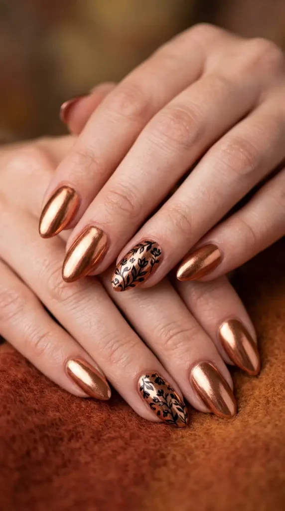 Copper Chrome Floral Accent Nails