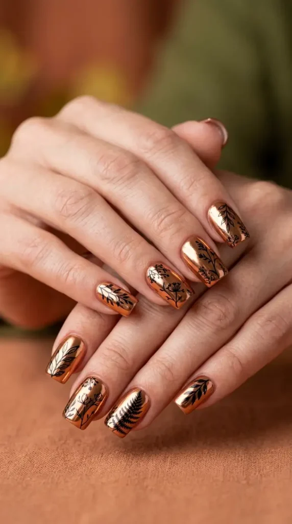 Copper Chrome Nails with Botanical Art