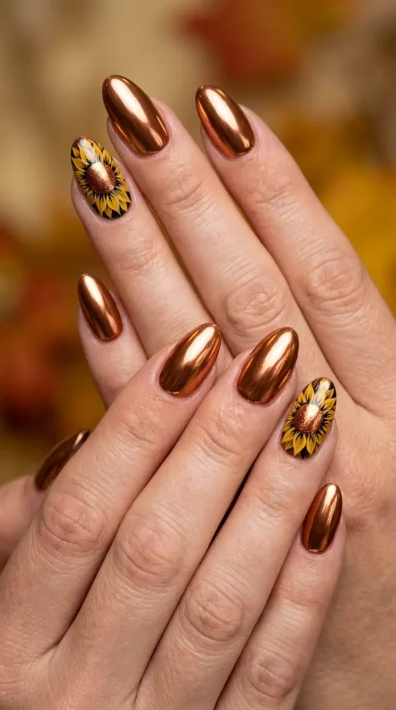 Copper Chrome Sunflower Nails