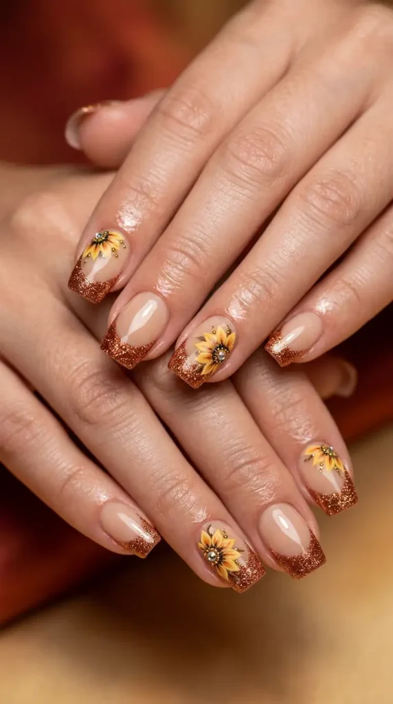 Copper Glitter French Tip Acrylic Nails