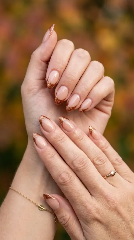 Copper Glitter French Tips on Almond Nails