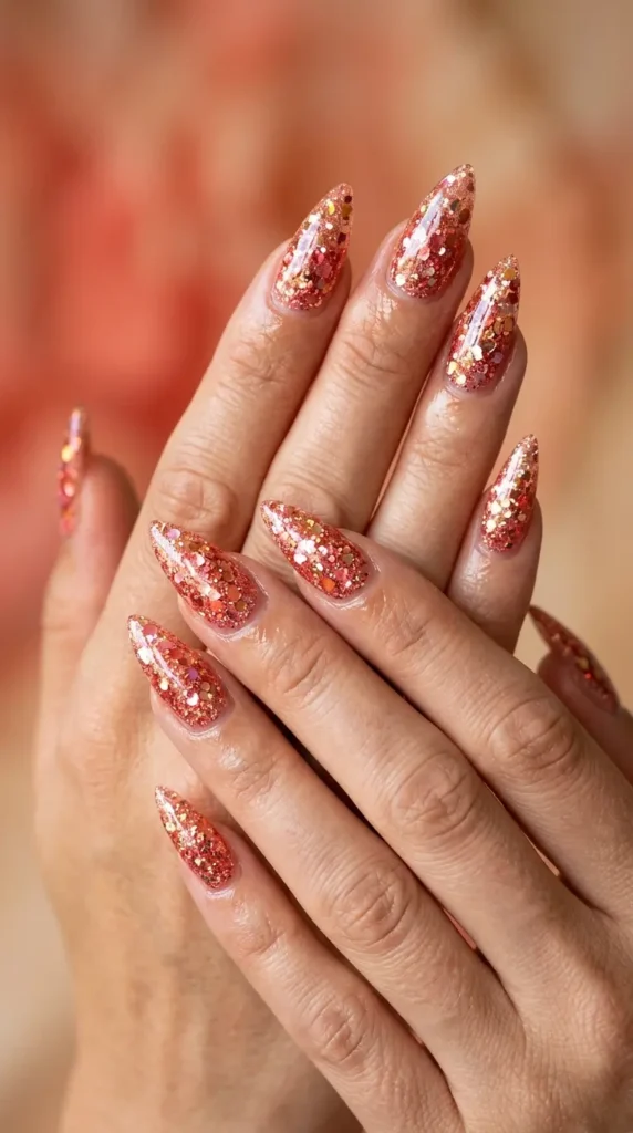 Coral Reef Glitter Stiletto Nails