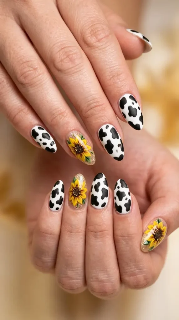 Cow Print and Sunflower Acrylic Nails