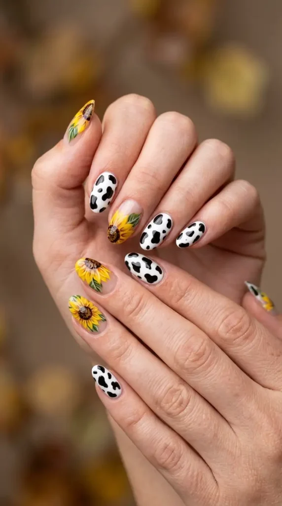 Cow Print & Sunflower Accent Nails
