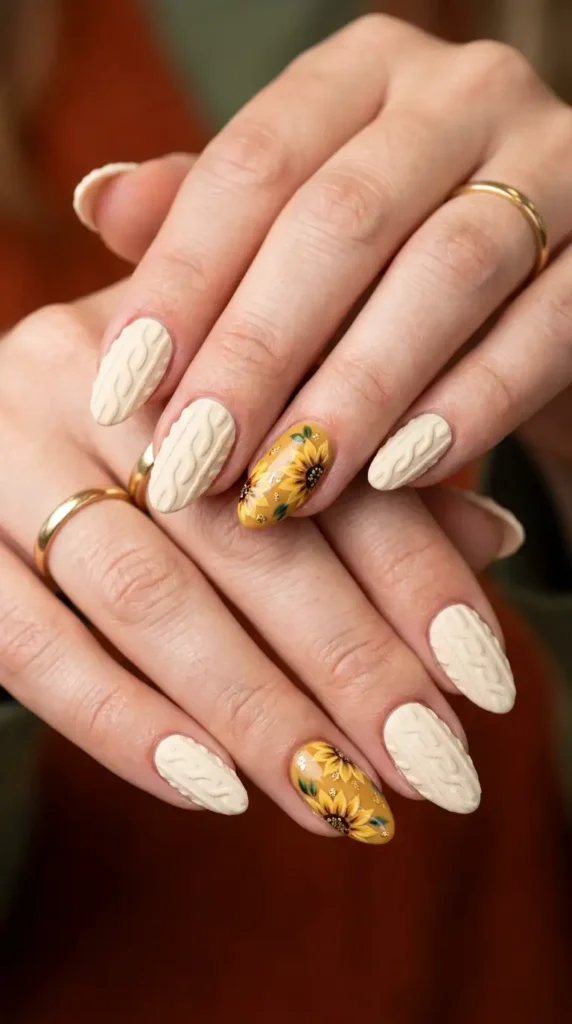 Cozy Autumn Florals with Sweater Accent Nails