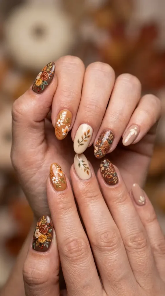Cozy Latte Floral Mix-and-Match Nails
