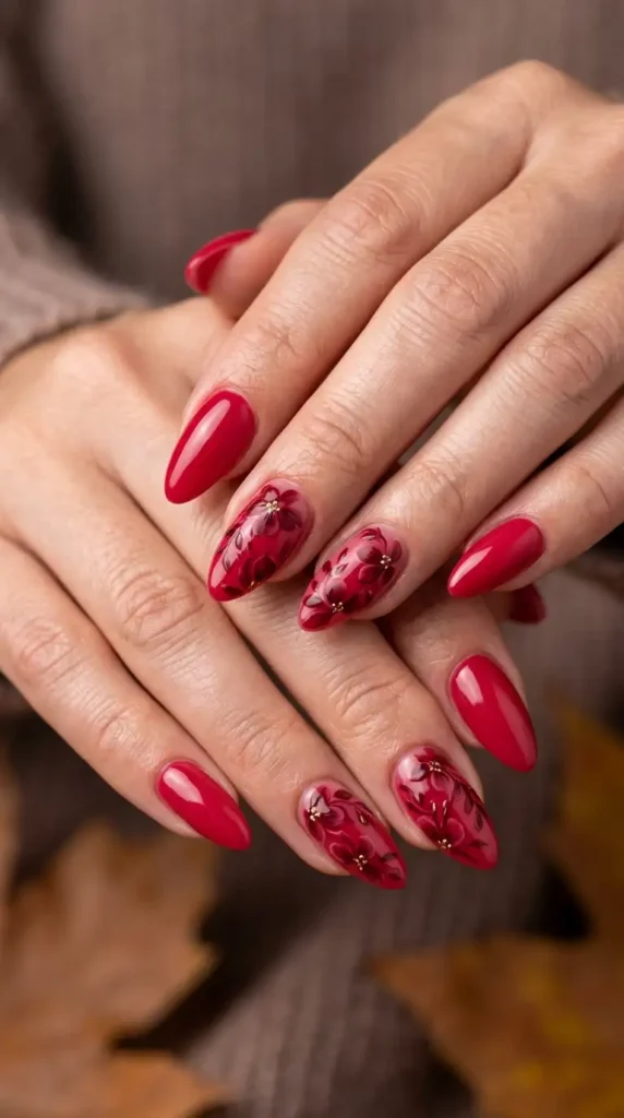 Cranberry Floral Almond Nails