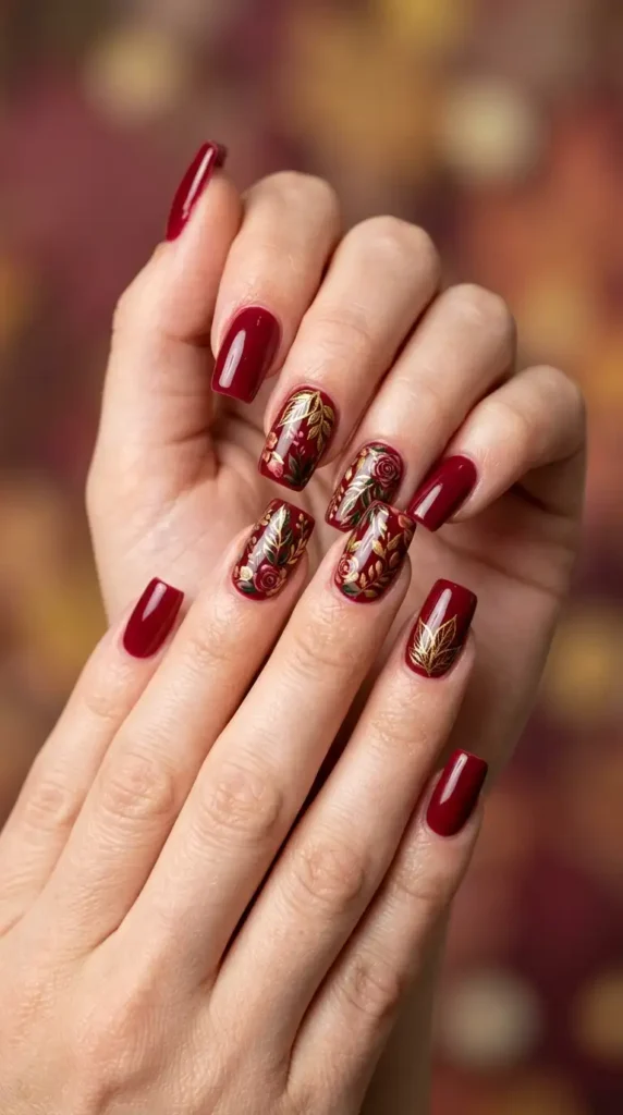 Cranberry Floral Nails with Gold Details