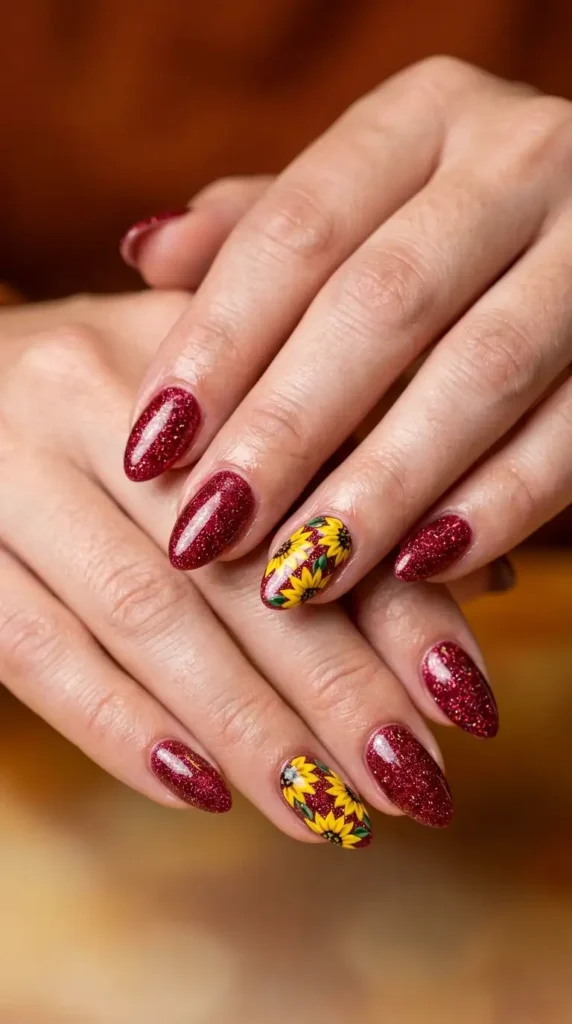 Cranberry Glitter Nails with Floral Accent