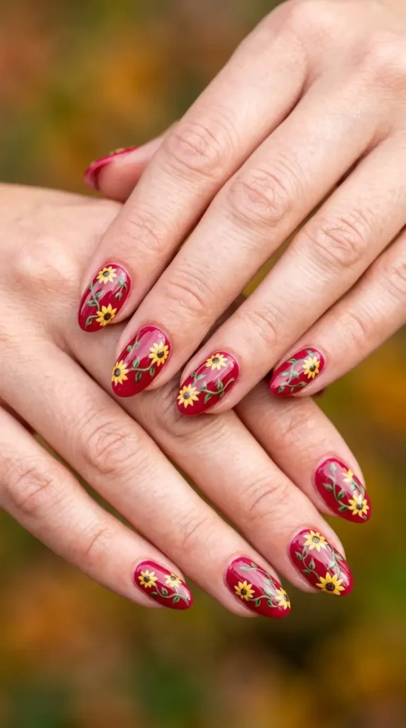 Cranberry Nails with Delicate Sunflower Vines