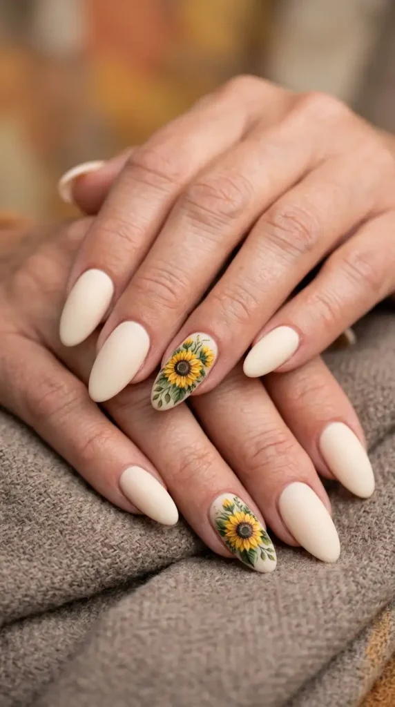 Cream Acrylic Nails with Sunflower Bouquet Art