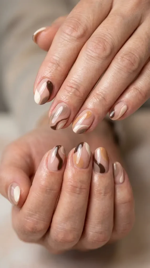 Cream & Brown Abstract Nails