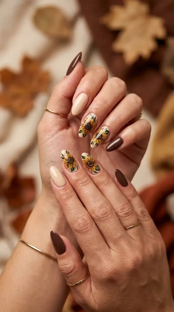 Cream & Cocoa Sunflower Nails