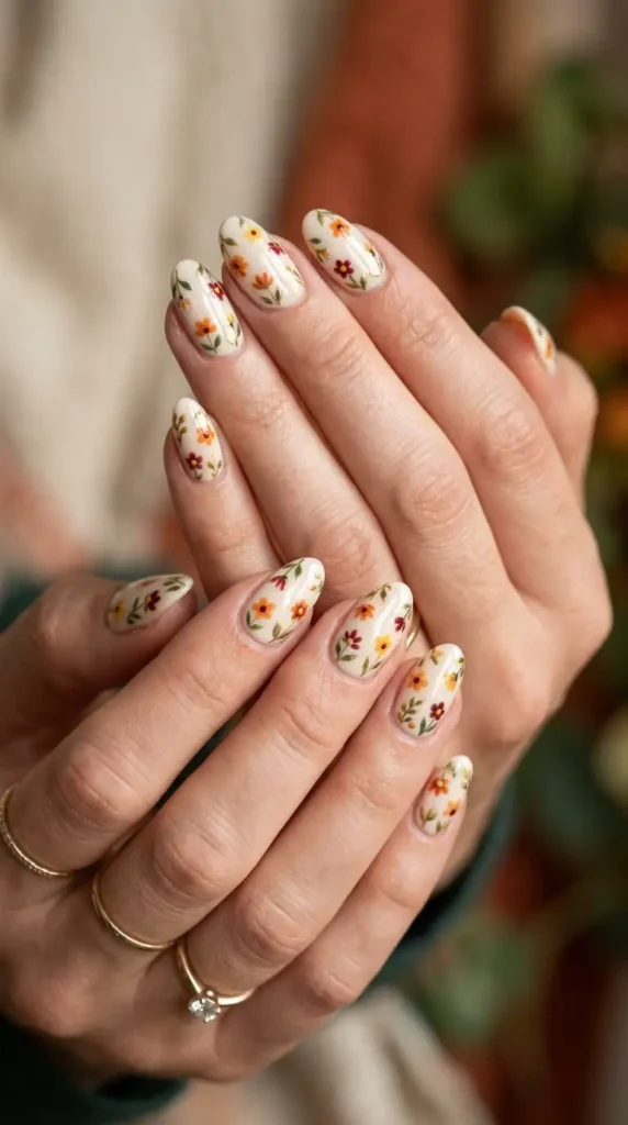 Cream Latte Nails with Tiny Flowers