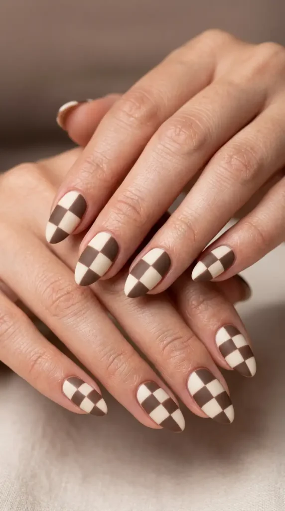 Cream & Mocha Checkerboard Nails