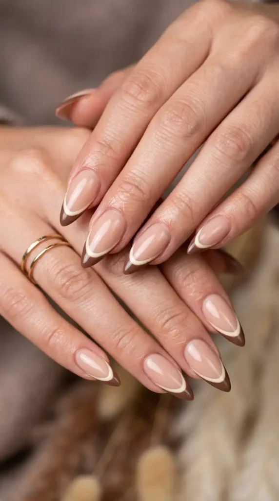 Cream & Mocha Double French Stiletto Nails