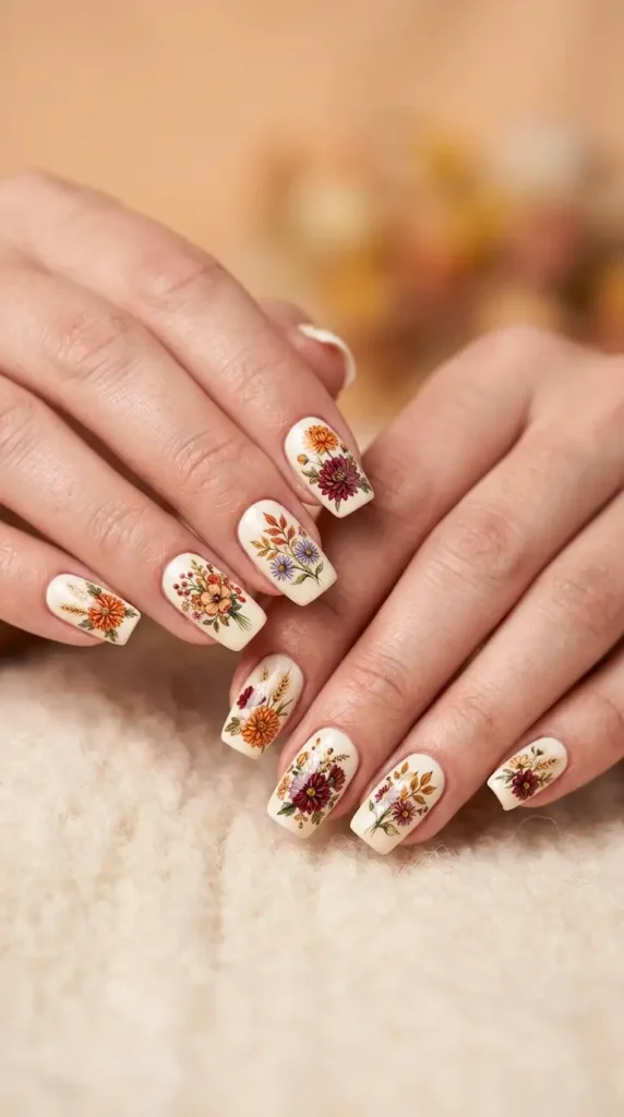 Cream Nails with Fall Bouquet Illustrations