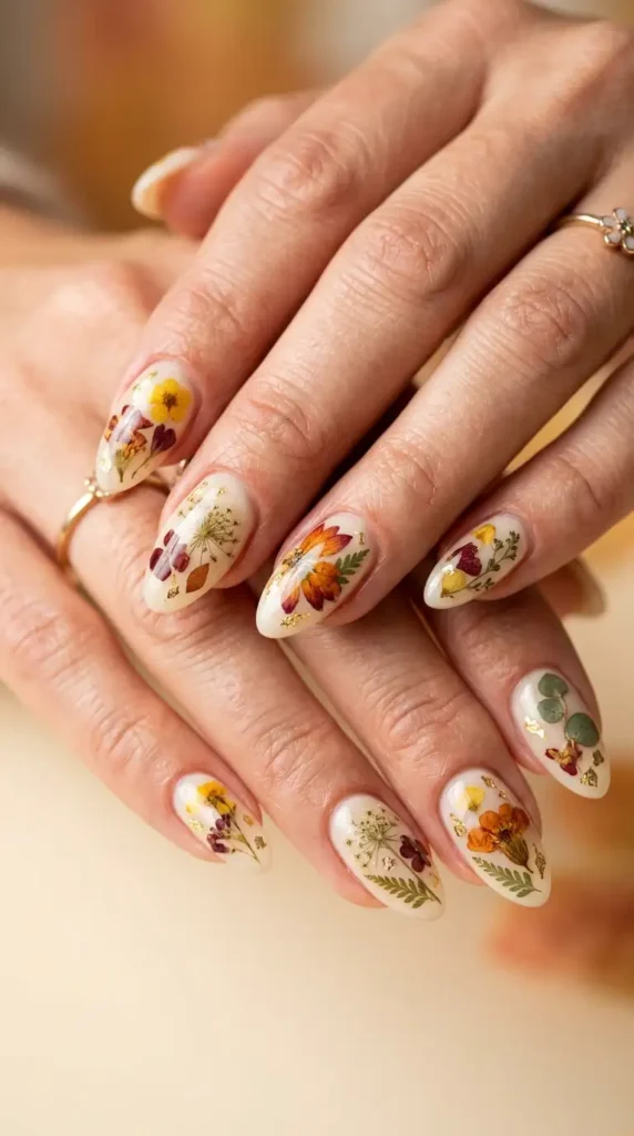 Cream Nails with Pressed Dried Flowers