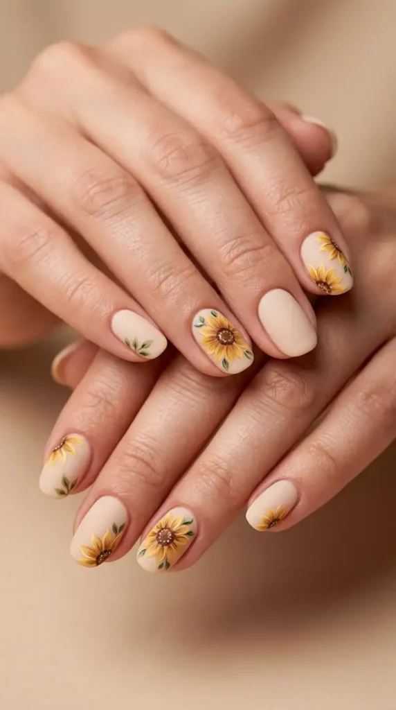 Creamy Beige Sunflower Nails