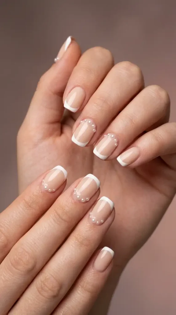 Creamy Nude French Tips with Tiny Pearls