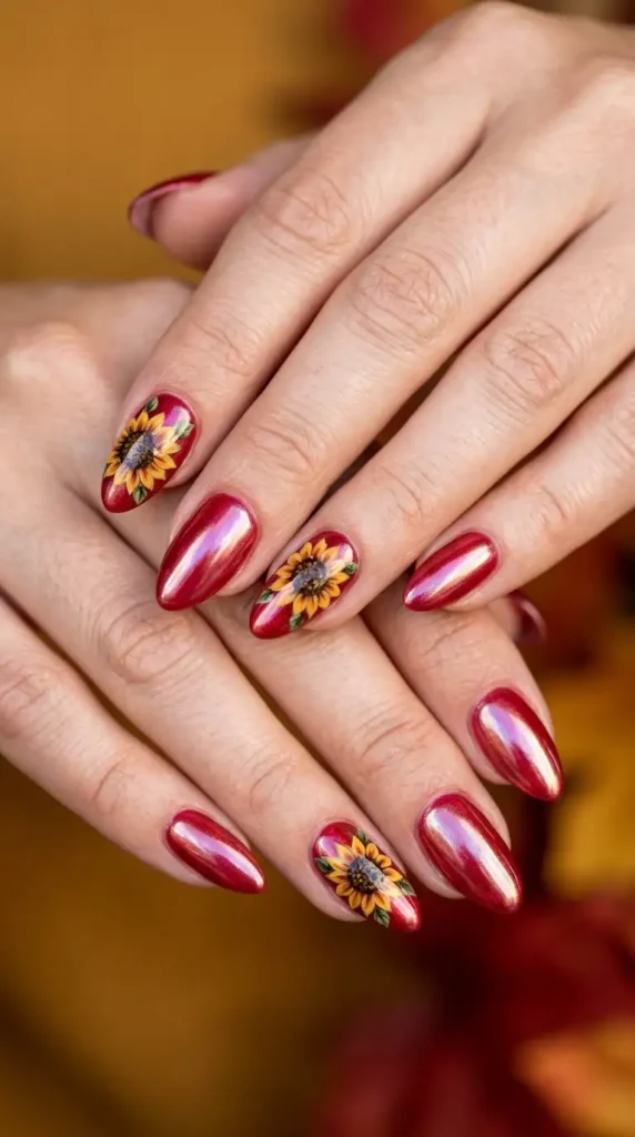 Crimson Glazed Donut Sunflower Nails
