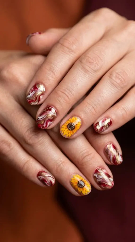 Crimson Marble and Sunflower Nails