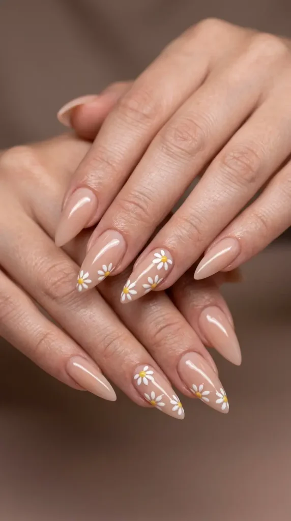 Daisy Accent Nude Stiletto Nails