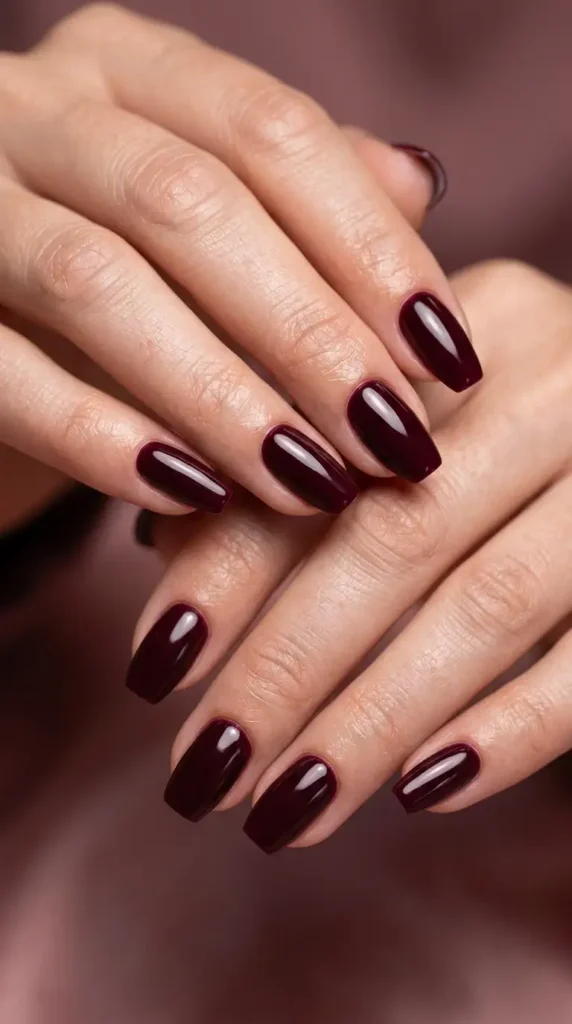 Dark Burgundy Coffin-Inspired Short Gel Nails