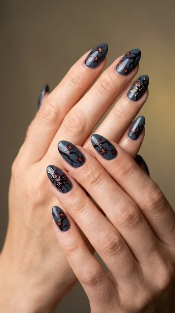 Dark Cherry Blossom Fall Nails